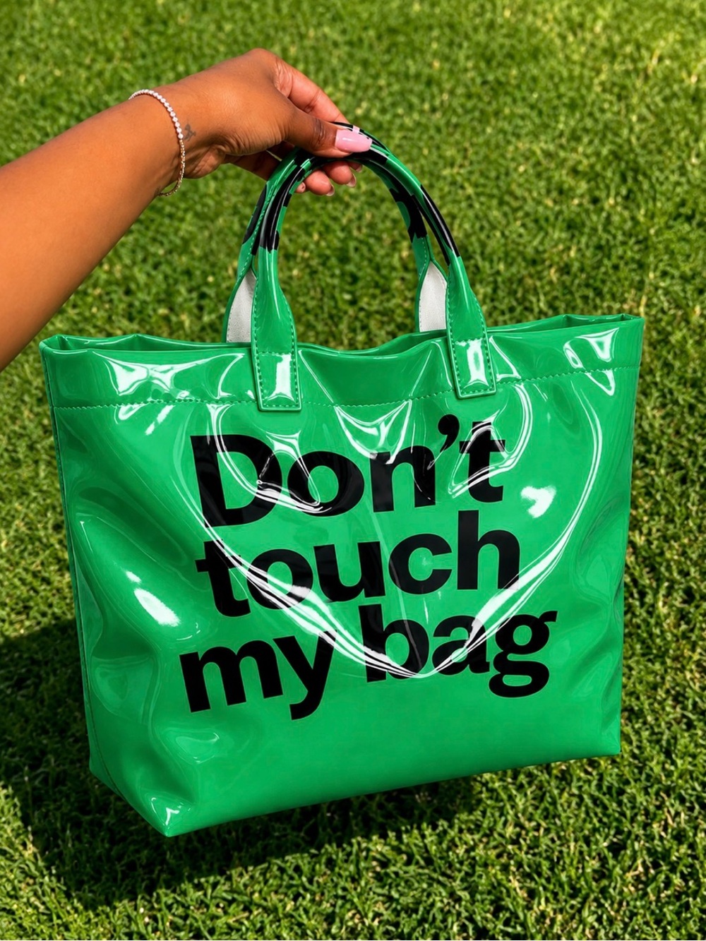 Don't Touch My Bag Green Patent Tote